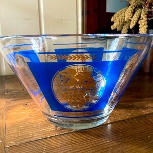 Vintage Blue and Gold Glass Chip/Salad Bowl